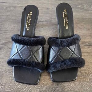 Black Vero Cuoio Italian Beautiisoles furry leather heels size 38 EU